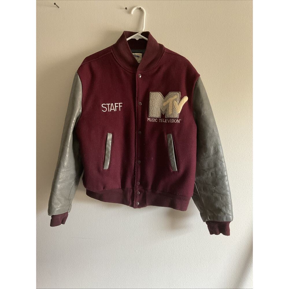VTG VINTAGE AUTHENTIC MTV STAFF VARSITY MAROON GRAY JACKET L